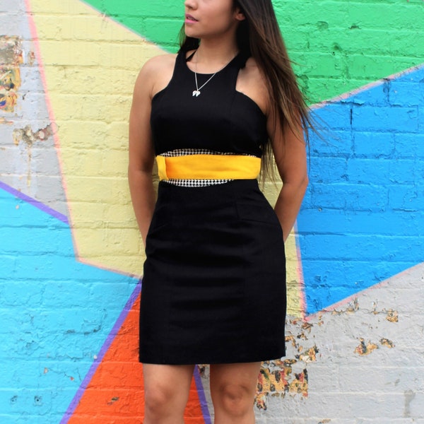 Sleeveless Mini Dress, Vintage 1990s Linda Segal, Cotton Blend, Fitted, Black White Yellow, Small Women