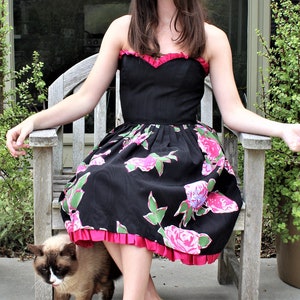 Vintage 80s Strapless Floral Print Dress - Black Pink Party Cocktail