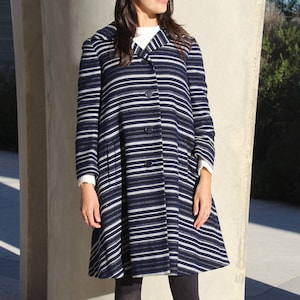 Vintage Swing Coat, 1950s Originala, Small / Medium Women, Blue Gray Black Striped Wool