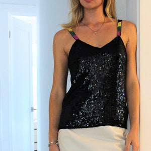 Sequin Blouse, Vintage 90s, Black Shell Top, Small Women, multicolor shoulder straps, Sexy Glam