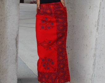 Wool Maxi Skirt, Vintage 70s Red Embroidered, Small Women, hand embroidery