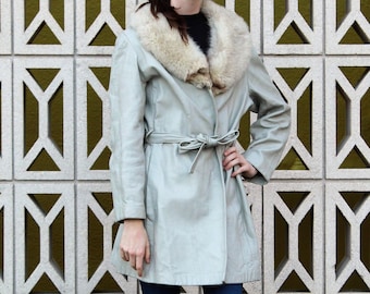 60s Coat, Vintage Peter Caruso, Gray Leather Coat, Fox Fur Collar, Belted, Small Women