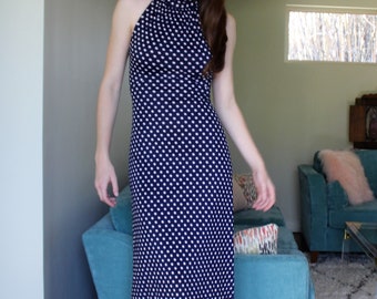 Cute Maxi Dress, Vintage 1970s Halter Dress, XS Women, Blue with White Polka Dots, Full Length, Lace Up Back