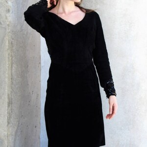 Suede Dress, Vintage 80s, Sequin Lace Trim, Small Women, Long Sleeve, Positano Pelle, Open Back image 2