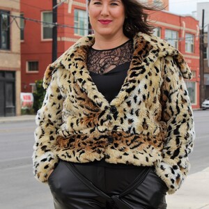Vintage Selene Sport Faux Fur Jacket, Black Tan Leopard Print
