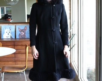 Penny Lane Coat, Vintage 1960s Mark Russell, XS Women, Black Wool, Black Sheepskin Trim, hooded