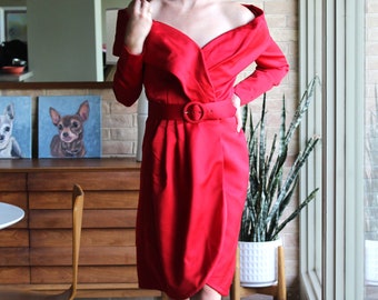 Red Cocktail Dress, Vintage 1980s Victor Costa Romantica, Small Women, Red Satin Wrap Dress