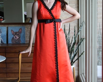 60s Formal Dress, Empire Waist Gown, XS/Small Women, Red Satin, Black Trim, Faux Wrap