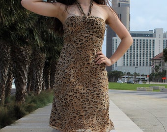 2000s Dress, Size 2 Women, Leopard Print Silk, Halter Neck, Open Back