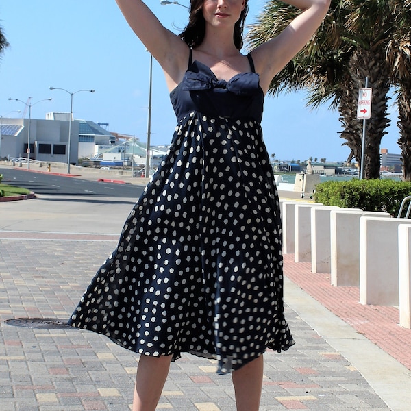 Lanvin, Vintage 1970s Lanvin Paris Trapeze Dress, XS/Small Women, Blue Beige Cotton Polka Dot, Bow Detail