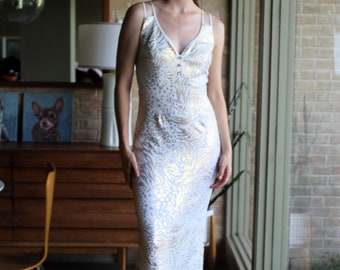 Homecoming Dress, Vintage 1980s Janine Mesh Chainmail Evening Gown, XS Women, White Gold