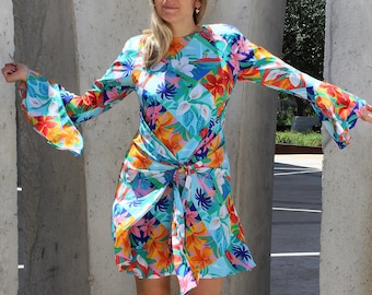 Floral Dress, Vintage 1980s, Steve Fabrikant, Silk Retro Dress, Size 6 Women, Vintage Clothing, Multicolor Tropical Print