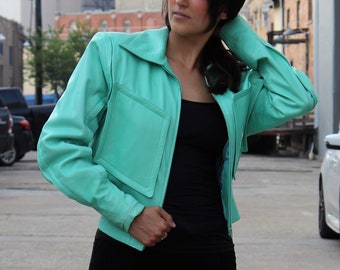 Vintage 80s Jitrois Leather Jacket, XS/Small Women, mantequilla de cuero verde menta suave, moto con cremallera