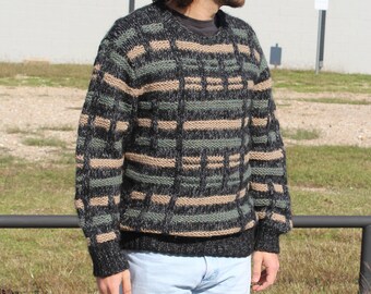 Chunky Knit Sweater, Vintage 1990s Bill Ditfort Pullover, Black Gray Tan, Long Sleeve, Wool Blend, Medium Men