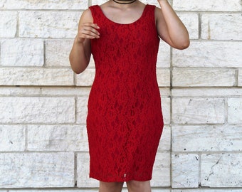 Red Lace Dress, Vintage 1980s Sheath Dress, Diamond's Run By Wayne Diamond, Low Back, Small/Medium Women