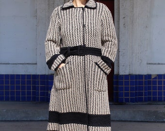 Missoni Vintage, 1980s Reversible Knit Coat, black tan gray wool knit, crochet insets, size 46 Women