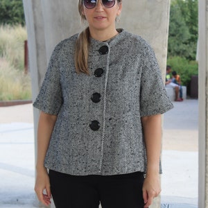 Vintage 1960s Swing Jacket, L/XL Women, Black and White Tweed