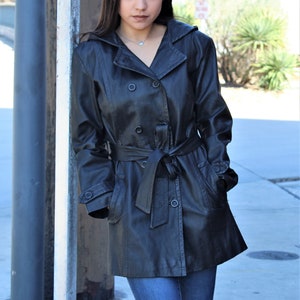 Hooded Leather Coat, Trench Coat Women, Vintage 1980s Giorgio Sant Angelo, Small Women image 1