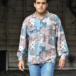 Silk Shirt, Vintage 1980s, Hattie Carnegie, Long Sleeved, Blue Taupe Black Print, Medium Men