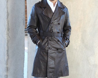 Leather Coat, Size 40 Men, Trench Coat, Dark Brown Leather Coat, Vintage 70s, Belted Coat