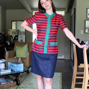 Linen Dress, Oscar De La Renta, Vintage 1980s, Miss O Striped Dress, Size 4 Women, Short Sleeve