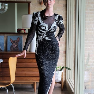 Evening Gown, Vintage 1980s, A.J. Bari Beaded Maxi Dress, Small Women, Asymmetrical, Black White Silver