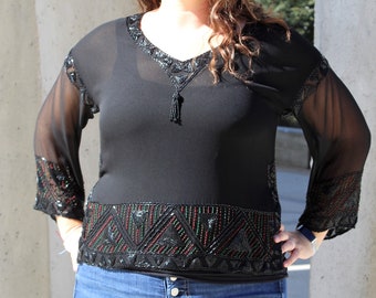 Black Chiffon Blouse, Vintage Jerri Sherman, Black Beaded Evening Top, Large Women