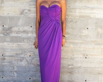 Column Dress, Vintage 1980s Victor Costa, Purple Evening Gown, Strapless, XS/Small Women