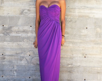 Column Dress, Vintage 1980s Victor Costa, Purple Evening Gown, Strapless, XS/Small Women