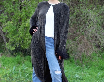 Metallic Cardigan, Vintage 1990s Arianna By Rachel Kaye Evening Coat, Knit Nylon Blend, Feather Cuffs, Size 24W