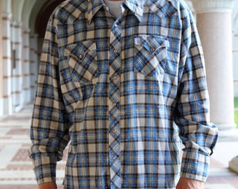 Flannel Shirt Men, Vintage 1970s H Bar C Ranchwear Flannel Shirt, Blue Plaid, Shacket, Cowboy Style, 18-35 Men