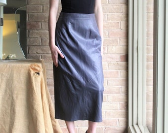 Leather Pencil Skirt, Vintage 80s High Waisted Skirt, Vakko, Small, Midi skirt, Gray leather