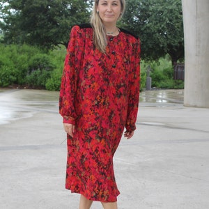 Vintage 80s Silk Midi Dress: Red Multicolor Print, Velvet Trim (2X)