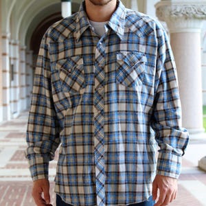 Vintage 1970s H Bar C Ranchwear Flannel Shirt: Blue Plaid Cowboy Shacket