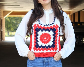 Crochet Vest, Vintage Knit Sweater Vest, Small Women, Red White Blue, Patriotic