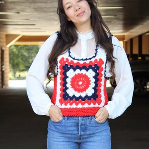 Crochet Vest, Vintage Knit Sweater Vest, Small Women, Red White Blue, Patriotic image 1