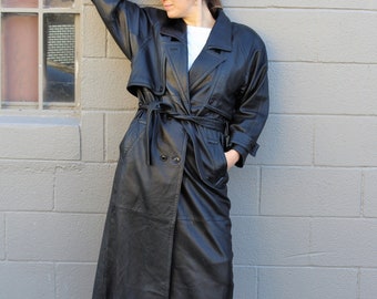North Beach Leather, Long Leather Coat, Vintage Michael Hoban, Black Leather Trench Coat, M Women, Dolman Sleeve