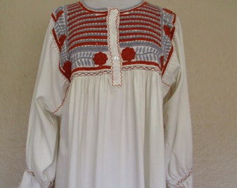 Vintage Mexican Peasant Top,  Mini Dress, M/L Women, Beige Cotton Hand Embroidered Ethnic Tunic