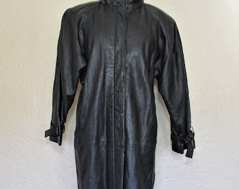 Vintage 1980s Avanti Black Leather Maxi Coat, Small Women, Dolman Sleeve Coat