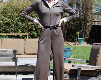 Mono Palazzo vintage de los años 70: tejido elástico color topo de pierna ancha - Parade New York