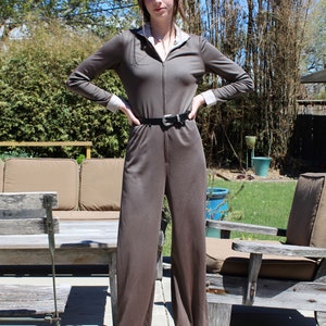 Palazzo Jumpsuit, Vintage 1970s, Parade New York, Small Women, Taupe Stretch Knit, zip up, wide leg