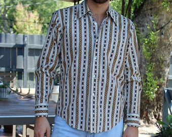 Striped Shirt, Vintage 1970s La Strada Shirt, Medium Men, brown beige yellow button down, long sleeves