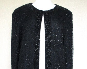 Vintage 1980s Stenay Evening Jacket, Evening Wear Women, Black Beaded Silk Cocktail Jacket, Medium Women