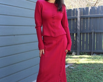 Norma Kamali Vintage 80s Kamali Red Sweatshirt Skirt Suit