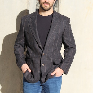 Vintage Rockabilly Jacket, Western Blazer, 40R Mens, Gray Windowpane Plaid Wool