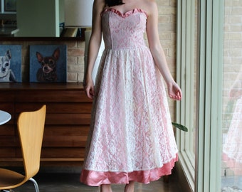 Vintage Gunne Sax Dress: Ivory Lace, Pink Satin Strapless