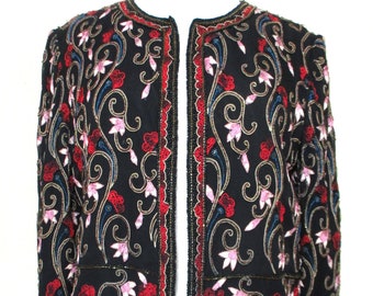 Embroidered Beaded Jacket, Vintage Papell Boutique, Black Silk, M Women, Beaded Embroidery