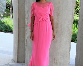 Chiffon Maxi Dress, Vintage 1960s, Harou Pink Chiffon Evening Gown, Small Women, Silk Dress