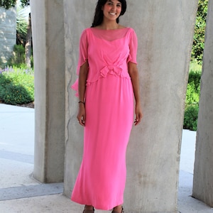 Chiffon Maxi Dress, Vintage 1960s, Harou Pink Chiffon Evening Gown, Small Women, Silk Dress