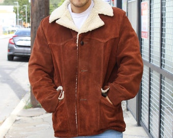 Vintage Silton Sherpa Coat, Brown Suede, Faux Sheepskin, Size 44 Men, Heavy Jacket